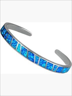 Blue Fire Opal Cuff Bracelet – Sterling Silver Plated Adjustable Bangle